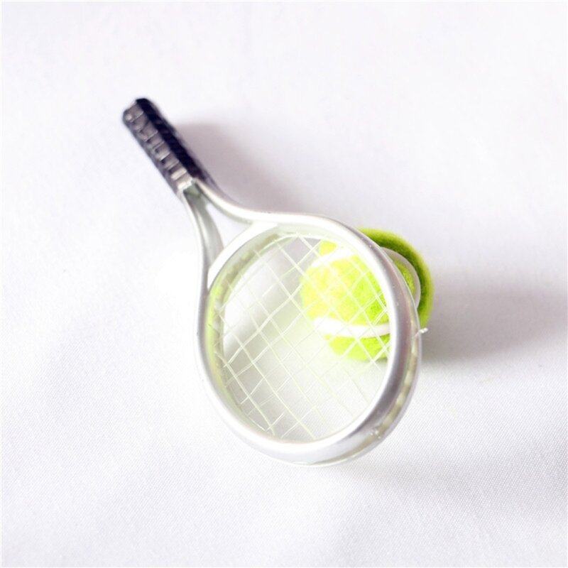 Baby House Tennis Model Set Mini Simulation Sports Goods Outdoor Miniature Model Include 1x Tennis 1x Racket