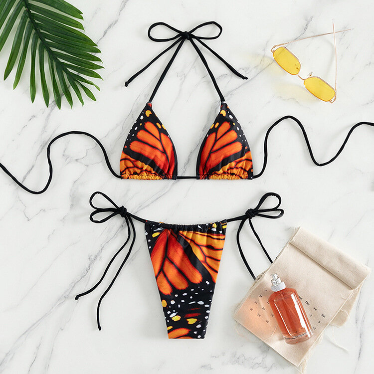 Thong Beachwear Sexy Lacing Bathing Women Butterfly Print Bikini Two Piece Set