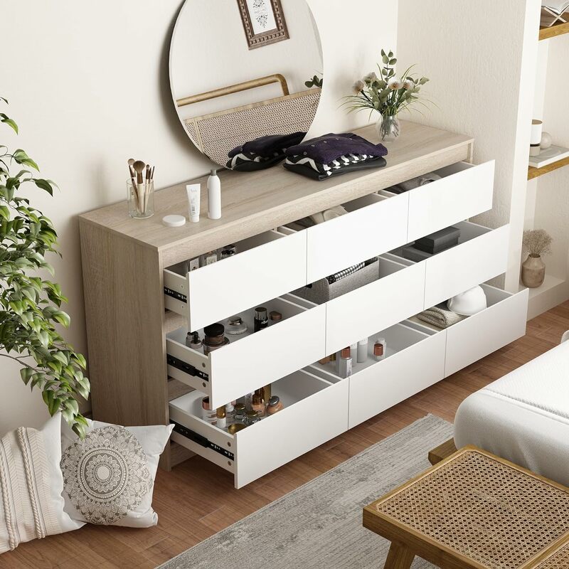 Drawers 9/12 Modern Wood Double Dresser Chest of Drawers with Large Storage Space / with Mirror Fronts for Bedroom