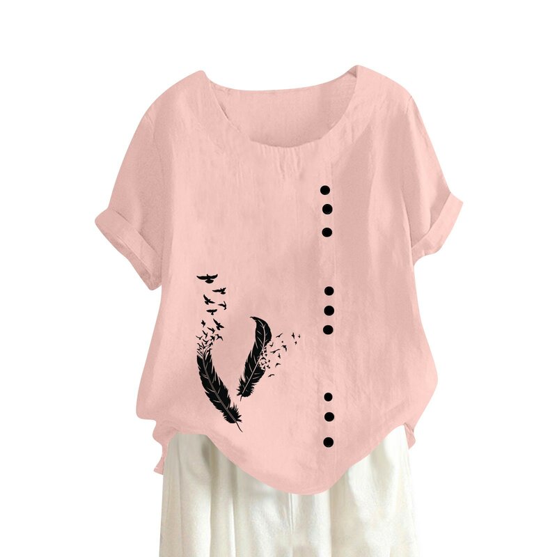 Camisa de lino y algodón para mujer, camiseta Vintage de manga corta, camiseta informal holgada con cuello redondo, ropa superior de verano