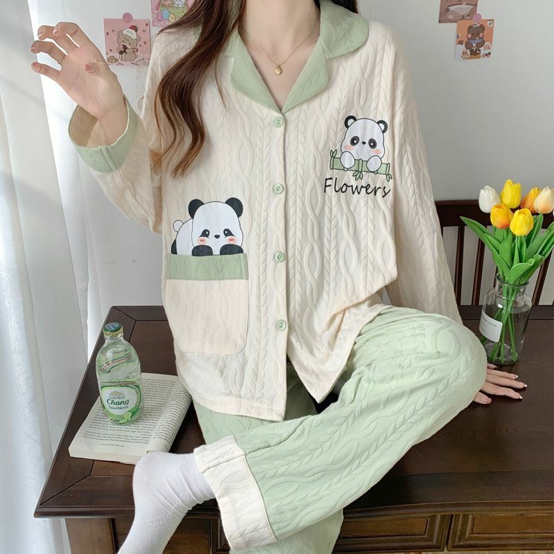 Conjunto de pijama manga comprida feminino, lapela, roupa de casa, casual solta, roupa de noite feminina 100% algodão, primavera, outono, novo, 2022