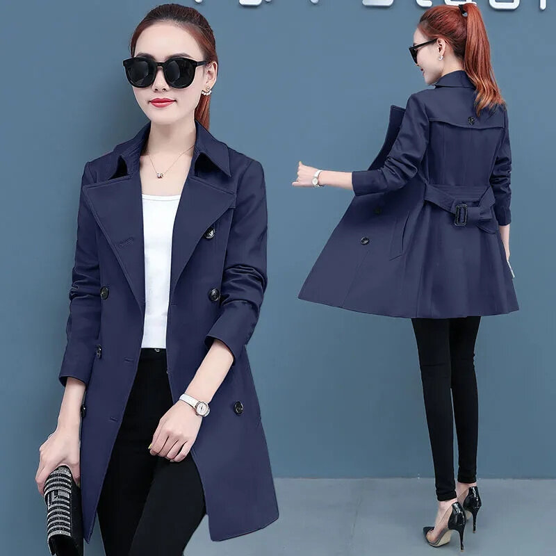 Windbreaker Women New Coat Spring And Autumn 2024 Mid Length Slim Fit Versatile Casual Korean Double Breasted Button Coat Women