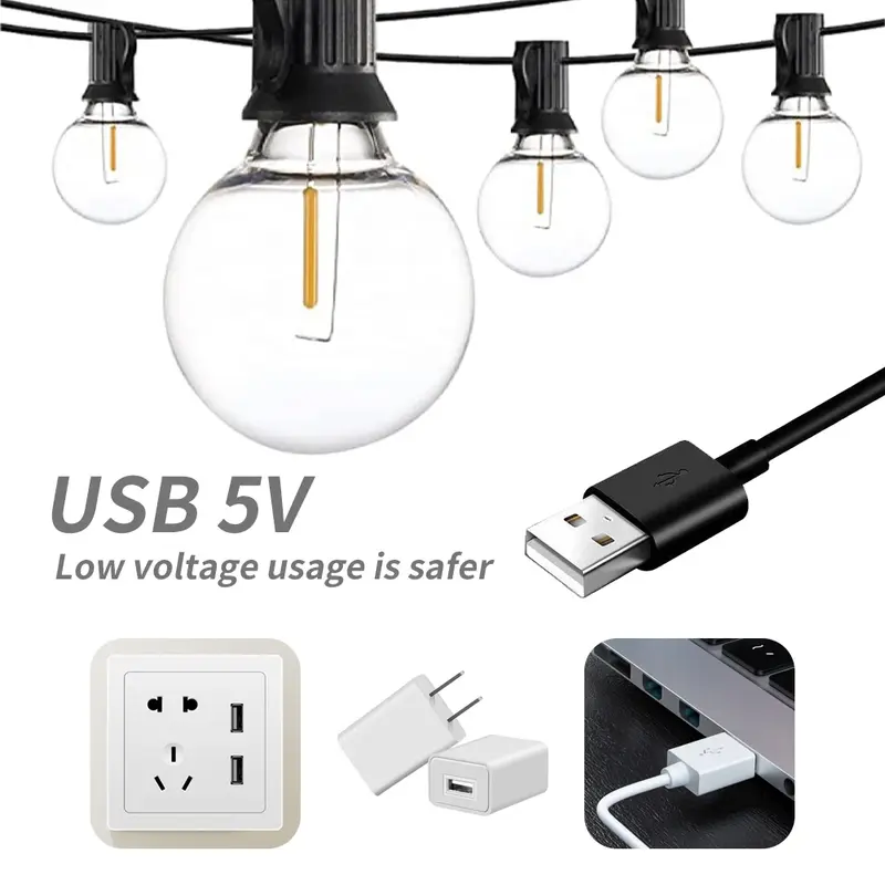 USB LED 조명, 플라스틱 전구, 야외 방수 텐트, 페어리 파티오, 페스툰 스트링 라이트, 웨딩 장식, 100 피트, 50 피트, 25 피트, 5V, 1W, G40