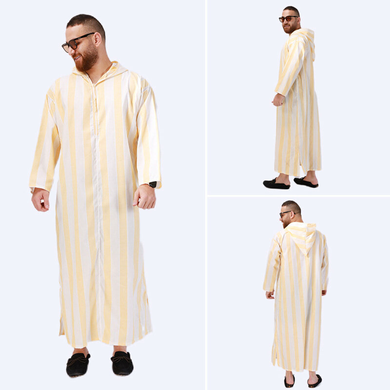 Bata musulmana informal para hombre, camisón suelto con capucha, estampado a rayas Simple, cómodo, moda de verano, Jubba, Thobe, Abaya
