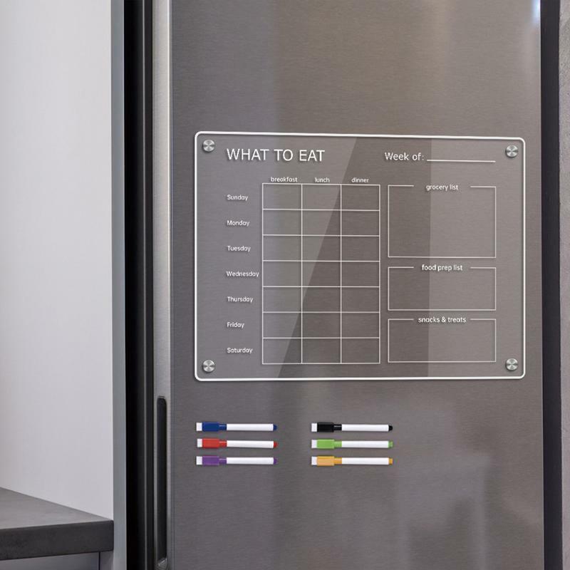 Perencana makanan untuk kulkas jelas akrilik persiapan makan kalender papan perencanaan dengan 6 pena warna-warni yang dapat dihapus Notepad kulkas dengan Magnet