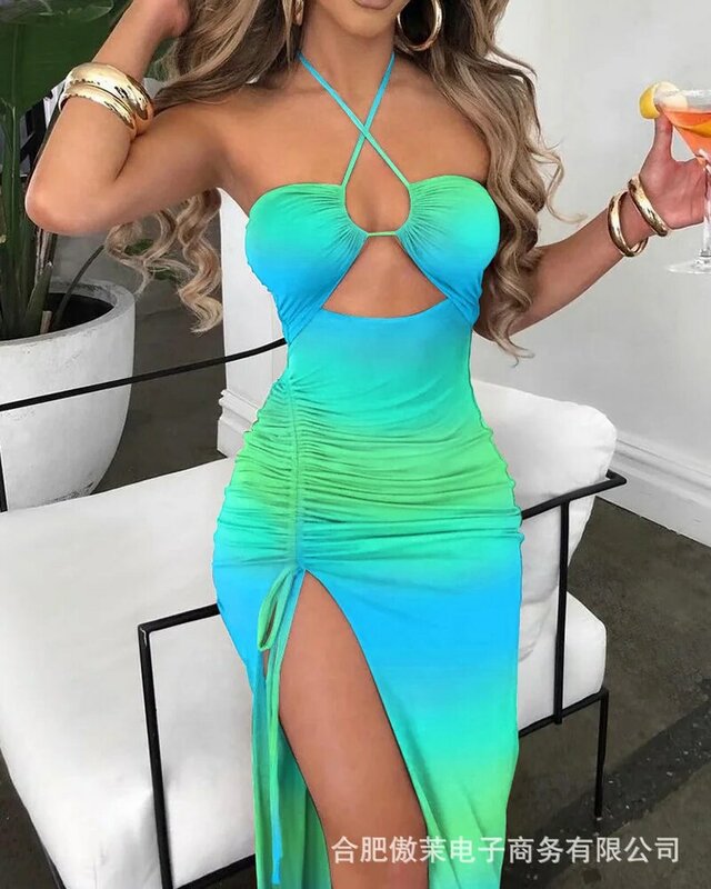 Susexy Hollow Halter Neck Tight Dress 2022 Summer Women's Fashion Party Dresses Contrast Color Slim High Fork Club Dress