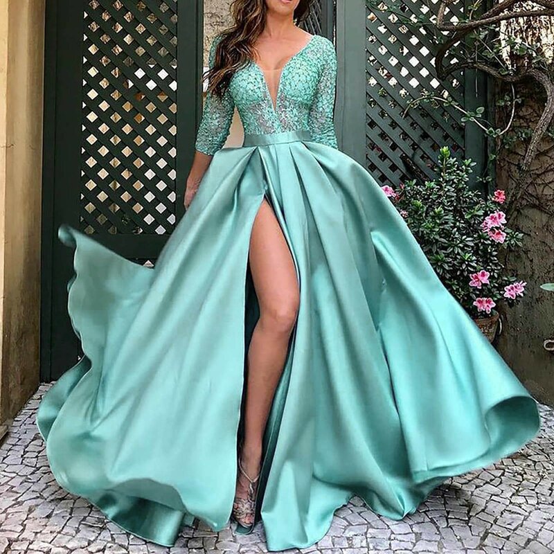 Gaun modis wanita dada terbuka leher V seksi gaun panjang seksi ayunan besar gaun malam pesta khusus gaun pesta Vestidos