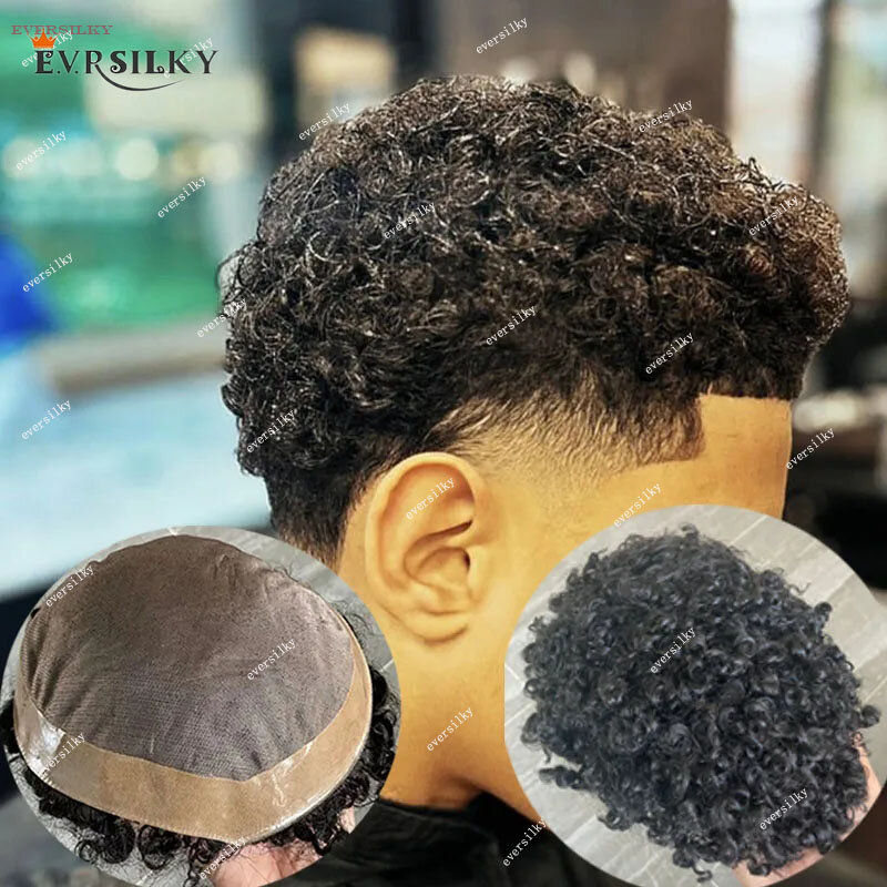 Toupet Afro Bouclé Noir Brun pour Homme, 100% Cheveux Humains Européens, Base Mono avec PU Autour des Systèmes de Remplacement, Postiches, 15mm