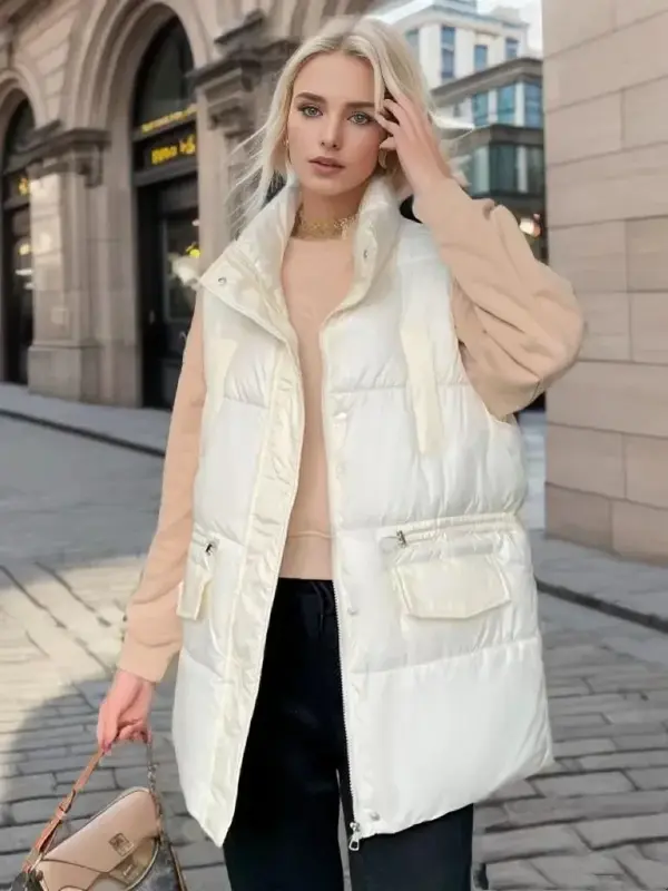 2024 Autumn Long Down Cotton Jacket Vest Winter Casual Solid Zipper Loose Sleeveless Thick Warm Jackets Coat Solid Waistcoat