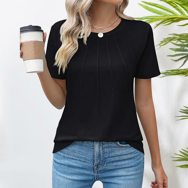 T-shirt girocollo da donna t-shirt in tessuto elastico magliette estive pieghettate da donna alla moda o-collo magliette a maniche corte vestibilità ampia per l'uso