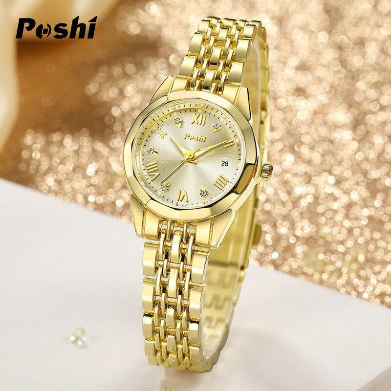 POSHI Stainless Steel Strap Quartz Watch Fashion Casual Women's Watches Crystal Dial Quartz Movement Date Ladies Bracelet Gift