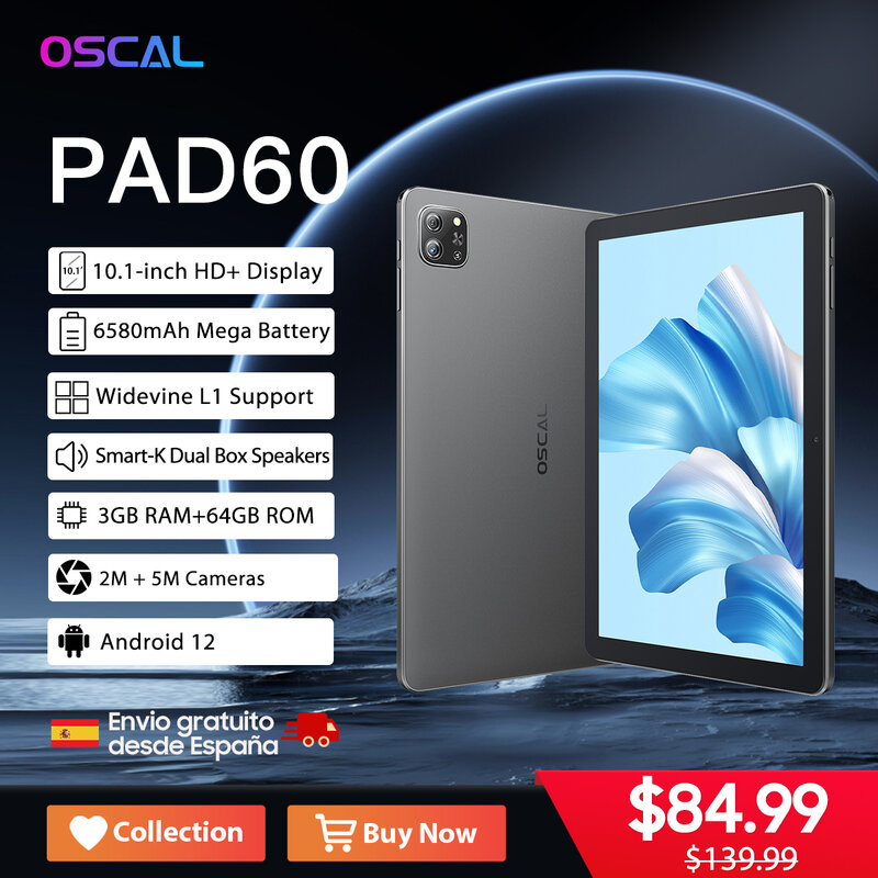 Tableta Oscal Pad 60, 3GB de RAM, 64GB de ROM, batería de 6580mAh, Android 12, pantalla HD de 10,1 pulgadas, caja Dual, altavoz, Wifi, PC