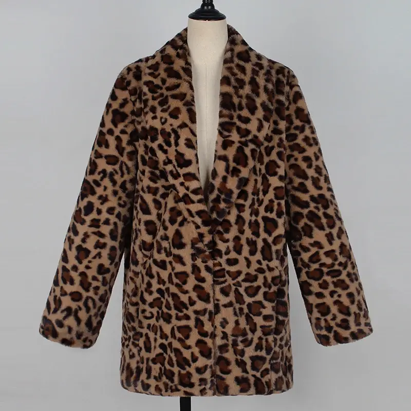Casaco feminino com estampa leopardo de pele sintética, manga comprida, jaqueta artificial, roupa de pelúcia grossa e quente, casacos de luxo, moda inverno