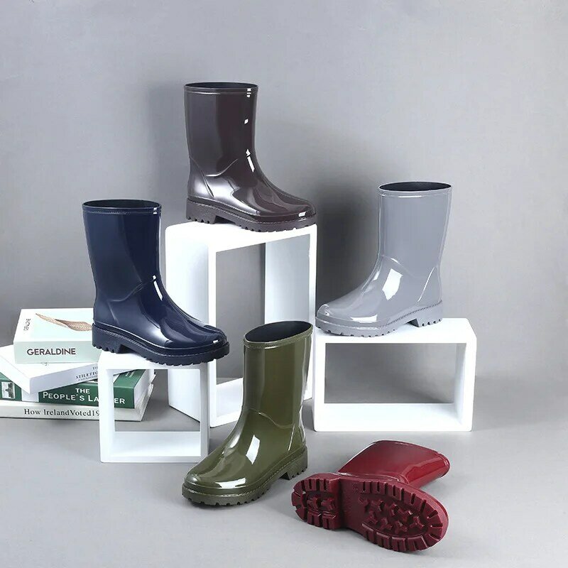 2023 Women Fashion Mid-calf PVC Rainboots Waterproof Non-slip Rain Boots Woman Water Shoes Wellies Boots