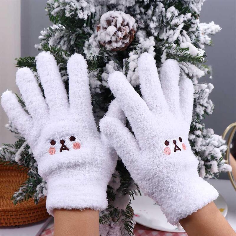 Cute Soft Wool Mittens for Women Plus Velvet Knitted Gloves Kawaii Bear Driving Gloves Autumn And Winter Full Finger Gloves