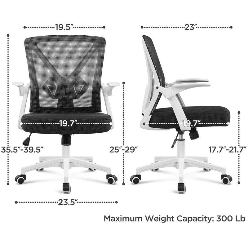 Adjustable Ergonomic Mesh Office Chair with 90° Flip-up Armrests for Home Office, White