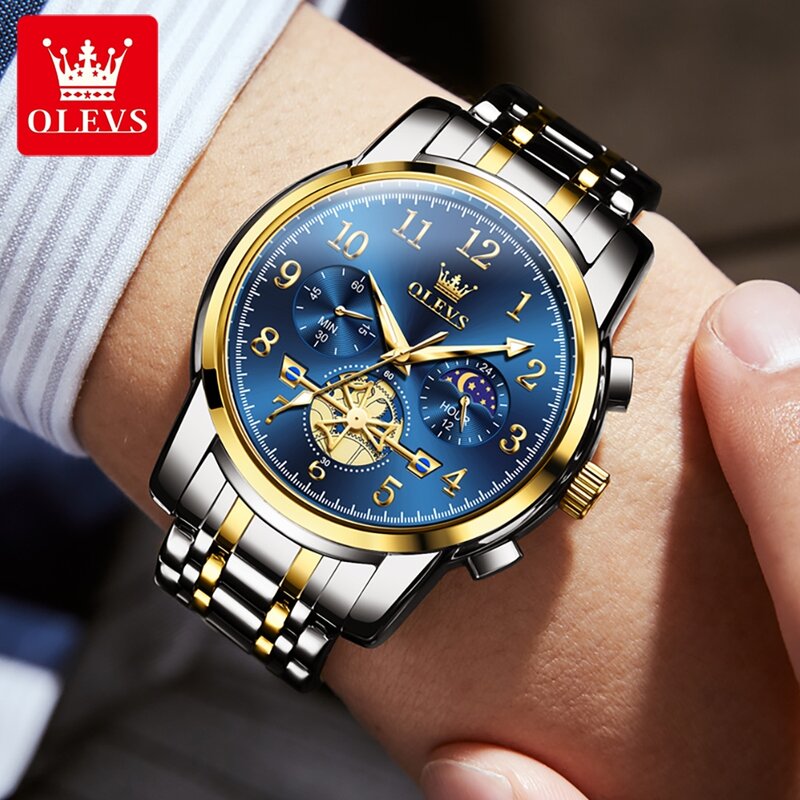 OLEVS Brand Luxury Tourbillon Quartz Watch Men Stainless Steel Waterproof Luminous Fashion Moon Phase Watches Relogio Masculino