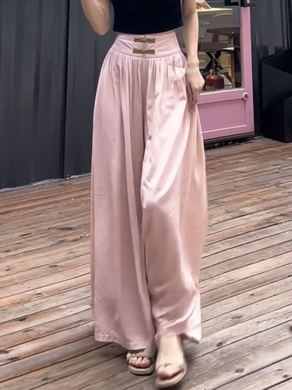 Black Women's Dress Pants for Office 2024 Summer High Waisted Wide Leg Trousers Elegant Chinese Style Woman Ankle Dress Pants