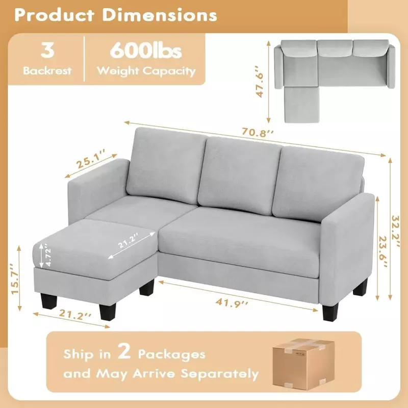YESHOMY-sofá pequeño seccional Convertible, asiento de sofá en forma de L con tela de lino moderna, 70 ", gris claro