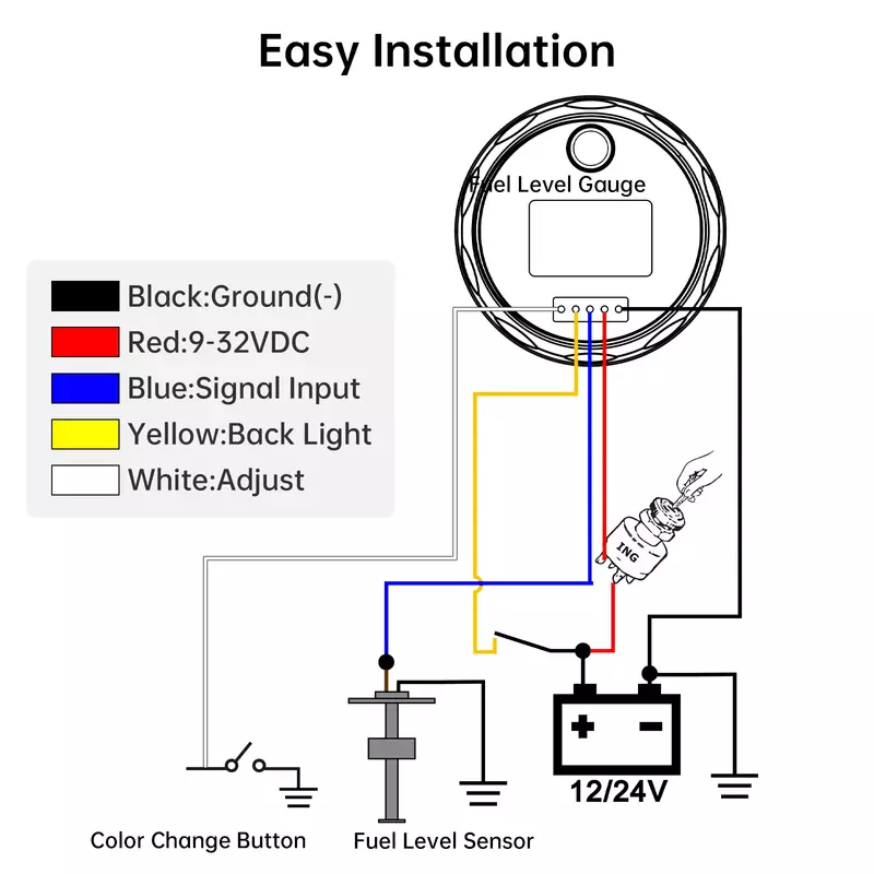 Sensor de flotación de combustible para coche, indicador de nivel de combustible, luz de 7 colores, 2 ", 52mm, 12V, 24V, 0-190 ohm