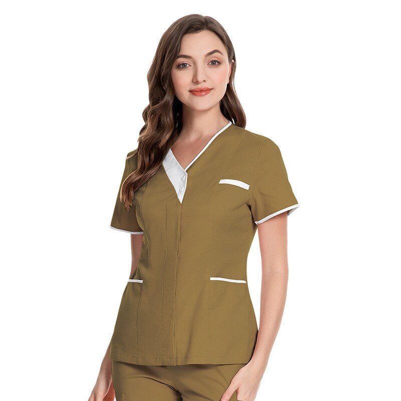 Seragam perawatan rumah sakit wanita scrub atasan warna Solid lengan pendek Carer Suster seragam kerja blus pullover untuk wanita