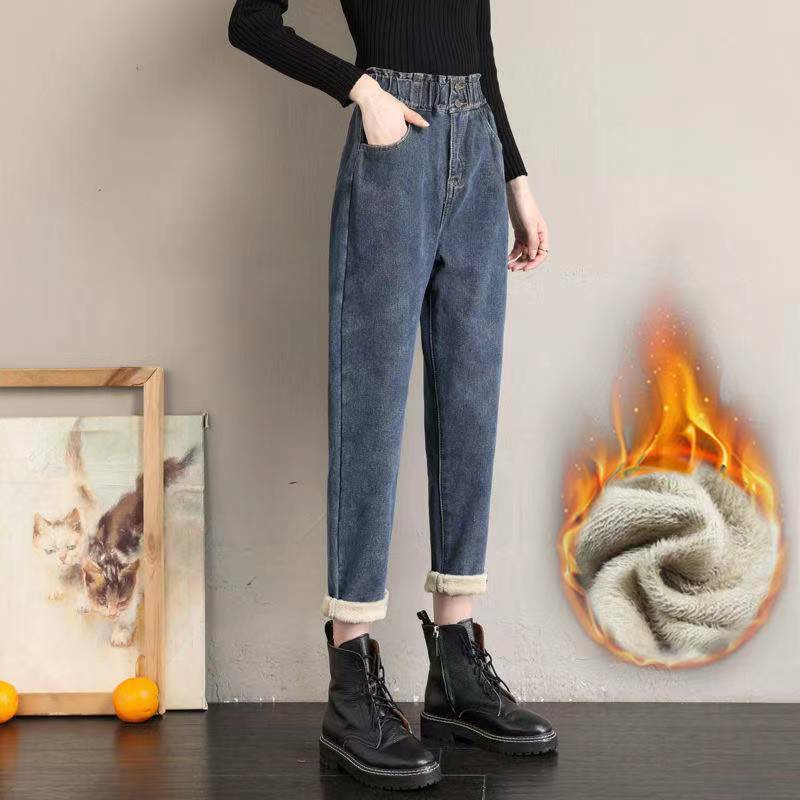 Calça jeans grossada de pelúcia feminina, cintura alta, calça Haren elástica, monocromática, bolso com zíper, viajante casual, elegante, nova, outono e inverno