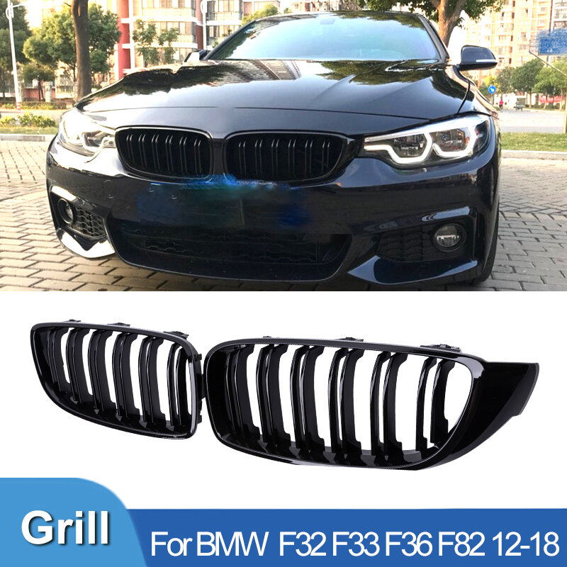 Pulleco Car Front Bumper Grille Racing Grill For BMW 4 Series F32 F33 F36 M3 F80 M4 F82 12-18 Dual-Slat Glossy Black Accessories