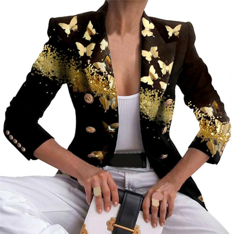 Chaqueta de manga larga con solapa para mujer, abrigo de traje corto ajustado con botones de doble botonadura, estampado a juego de colores, Otoño e Invierno