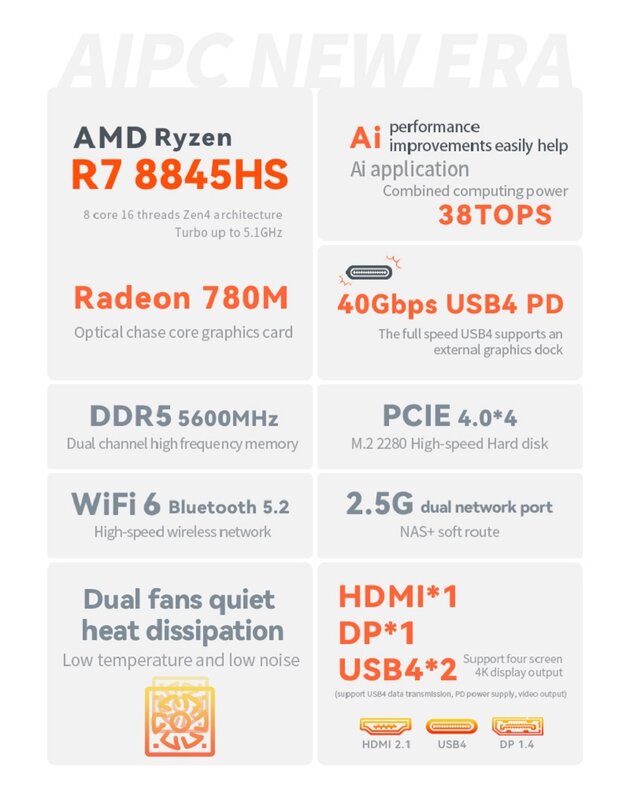 FIREBAT-Mini PC A8 Ryzen 7, 8845HS, 16 Go, 512 Go, DDR5, WiFi 6, BT, USB 4, Application AI, AMD R7, PCIE 4.0, Ordinateur de bureau, Gamerng