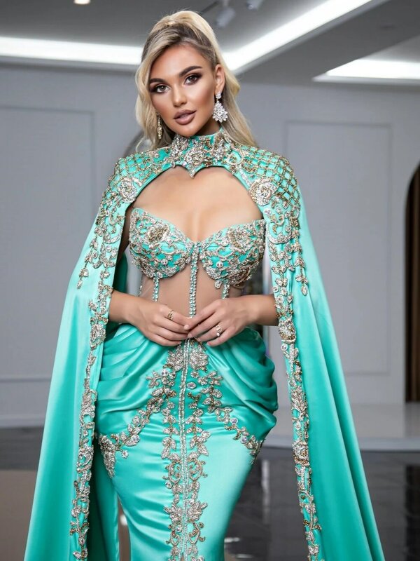 Dubai Turquoise Mermaid Evening Dresses Beaded Crystals Dress For Bride Classic Floor-length Bridal Gown Vestido De Novia