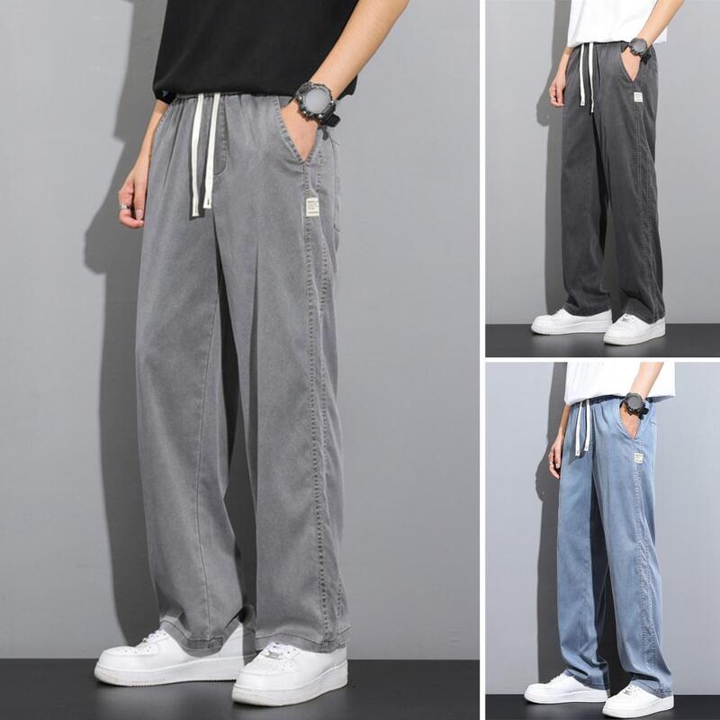 Men Sweatpants Solid Color Men Pants Japanese Style Wide Leg Men's Sweatpants with Side Pockets Drawstring Waist for Jogging