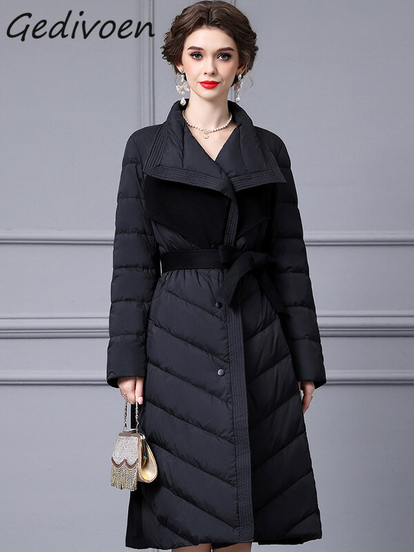 Gedivoen zimowa wybieg mody czarna, w stylu Vintage, spleciona kurtka damska klapa, wąska, długa gruba puchowa kurtka