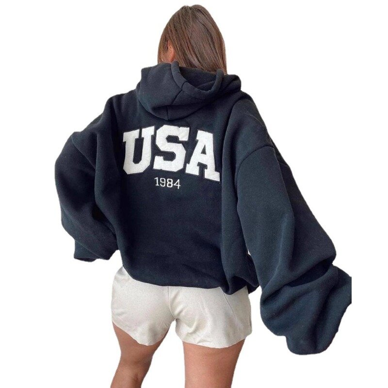 Suéter de manga comprida com capuz feminino, impressão de letras, top casual, moda europeia e americana, personalidade, 2023