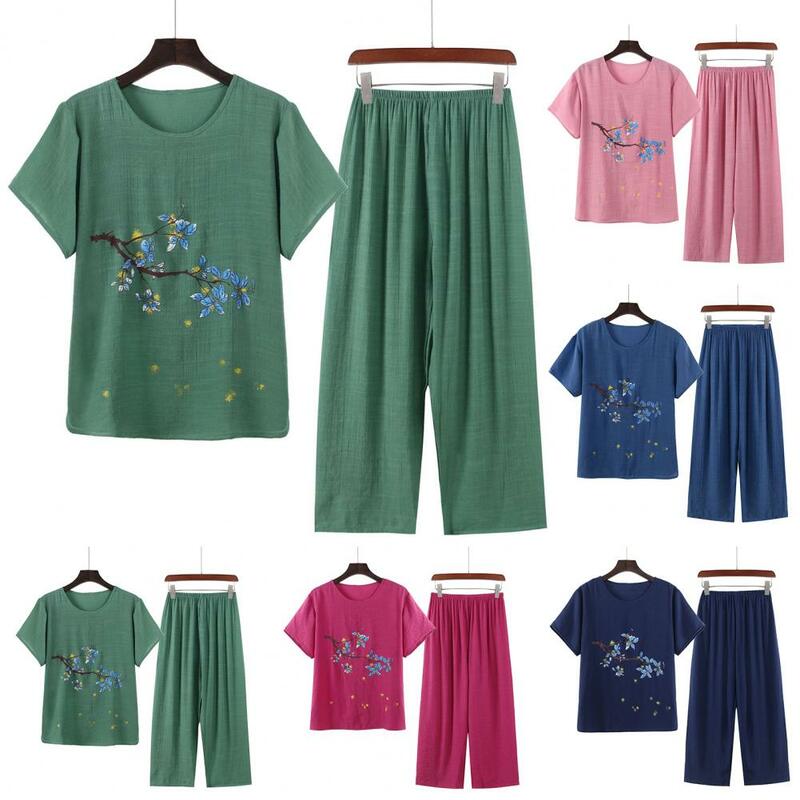 Conjunto de pijama estampado floral feminino, elegante, meia idade, no topo, calças de perna larga, confortável pijama para mãe