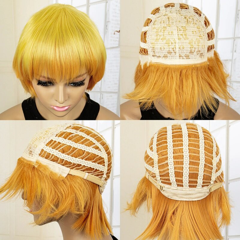 Wig Cosplay Anime Demon Slayer Agatsuma Zenitsu Wig pendek Ombre kuning oranye Wig rambut sintetis untuk Halloween