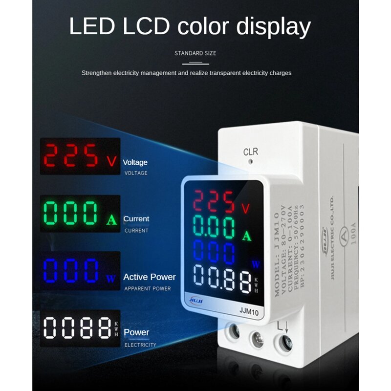 Medidor de eletricidade digital multifuncional, LCD, função PC Key Reset, trilho DIN, JJM10, 100A, AC80-270V, 1 peça