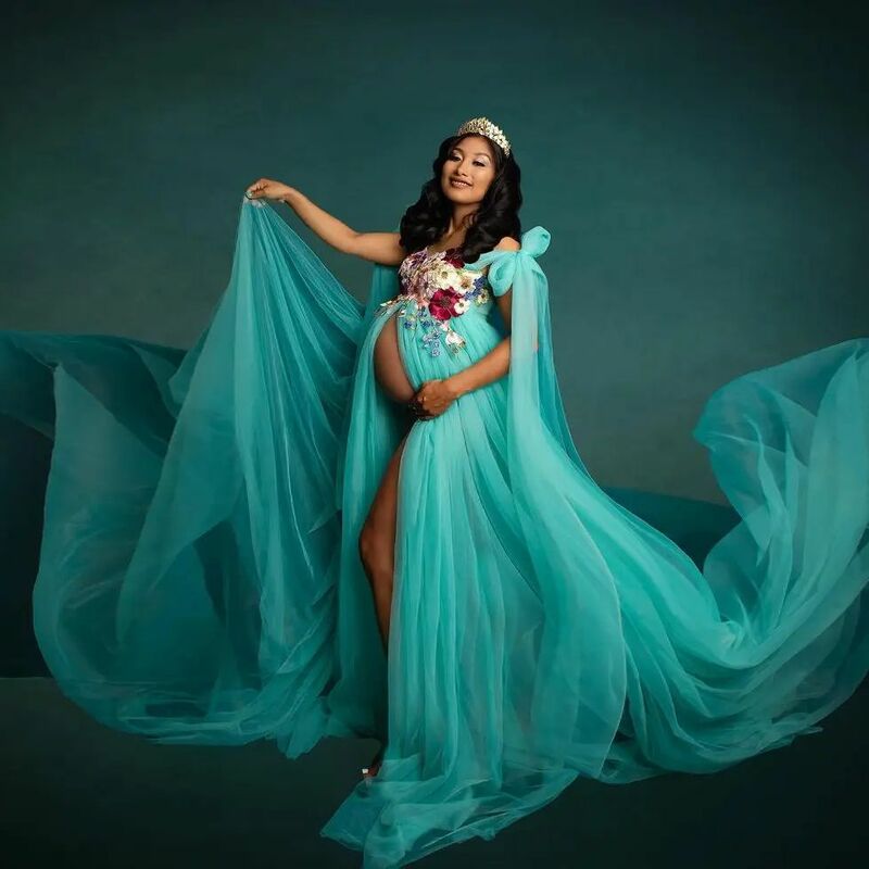 Fluffy Mesh Embroidered Blue Maternity Dress for Photoshoot Plus Size Tulle Pregnant Women Photography Gown Babyshower Robe 2024