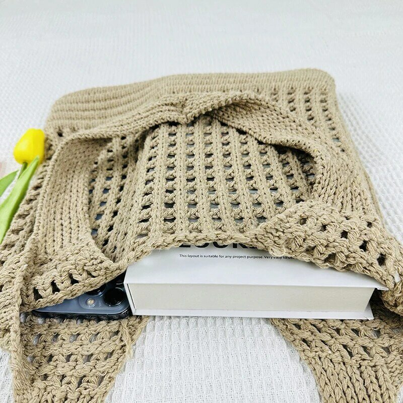 Handmade Knitted Women's Large Capacity Purse and Handbags Fashion Hollow Mesh Shoulder Bag Summer Beach Bags Shopper Totes