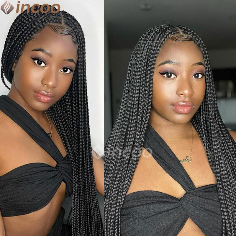 36" Box Braided Wigs For Black Women Ombre Synthetic Barids Small Square Box Braided Wigs Fake Scalp Braiding Hair Wig For Women