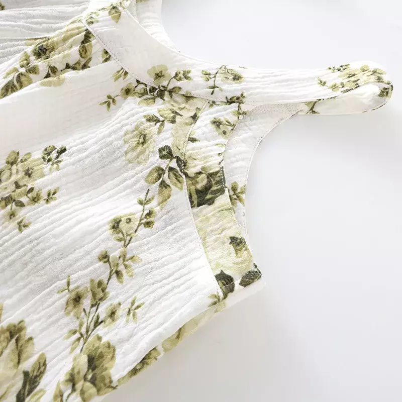 Fino pijama floral feminino, conjunto de pijama de duas peças, puro algodão, shorts sem mangas, pijamas, roupas de verão