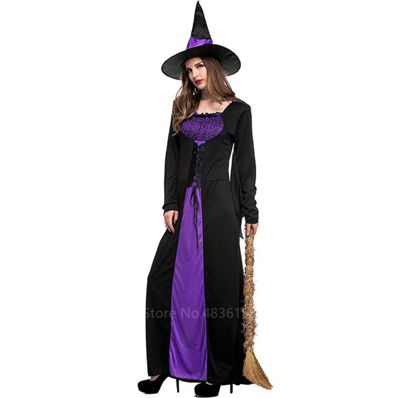 女性のためのハロウィーンの魔女のコスチューム、大人の怖い、紫、カーニバル、パーティーのパフォーマンス、ドラド、帽子付きマスクの仮面舞踏会の服