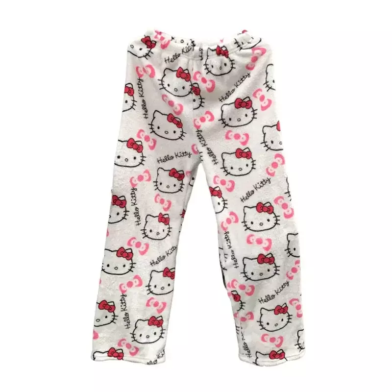 Pijama de franela de Hello Kitty para mujer, pantalones de Casa informales cálidos de lana gruesa, pantalones de Hip Hop de dibujos animados, Otoño e Invierno