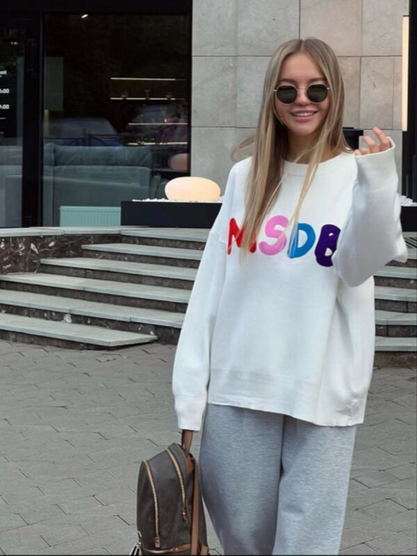 Women Letter Printed O Neck Pullovers Fashion Loose Long Sleeve Knitted Sweaters 2023 Autumn Female Casual Warm Streetwear Tops