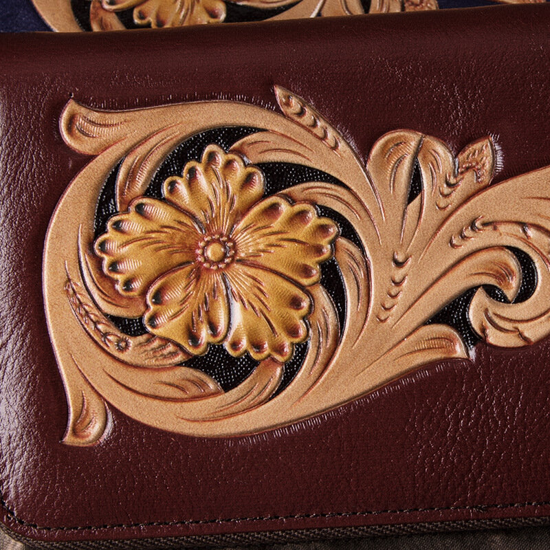 女性のための花の本革の財布,コイン,財布,ヴィンテージの牛革,長いカードホルダー,女性のためのポーチ