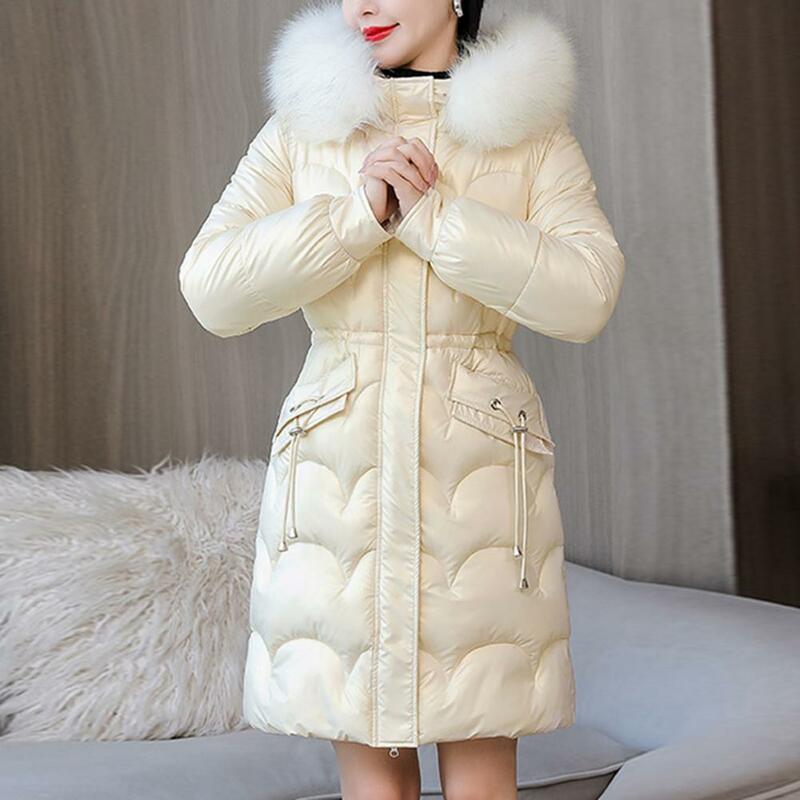Women Winter Cotton Coat Padded Faux Fur Collar Hood Pearlescent Colorful Slim Fit Mid Length Zipper Closure Pockets Down Coat