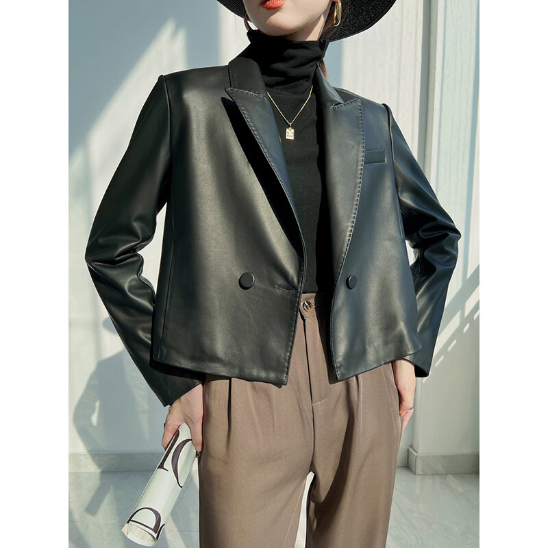 Genuine Leather Jacket for Women Spring Autumn Fashion  Suit Collar Two Buttons Short Loose Sheepskin Jaqueta De Couro Feminina