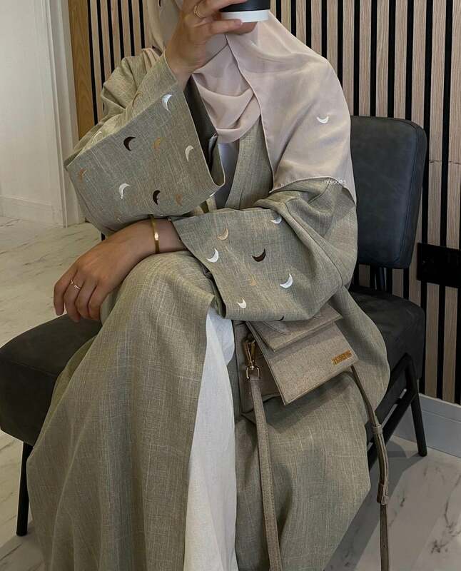 Abaya en lin à manches chauve-souris pour femmes saoudiennes, collection Ramadan, ouvert, broderie lune, Dubaï, islamique, pas de Hijab, 2024
