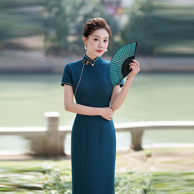 Винтажное традиционное вечернее платье Qipao с коротким рукавом, новое китайское платье-Ципао для шоу, новинка 2024