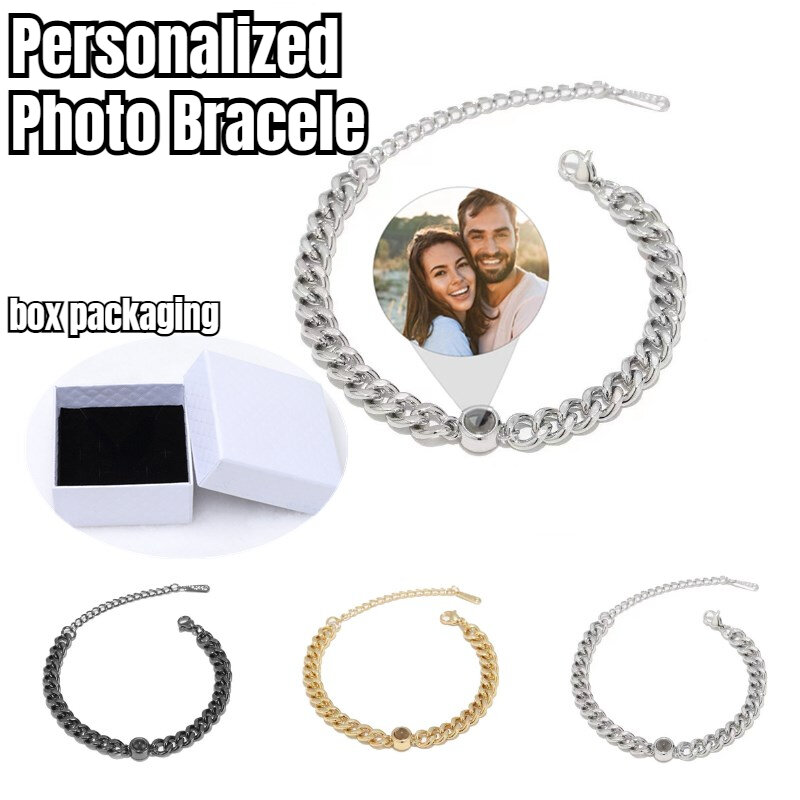 19+5cm Stainles Cuban Bracelet Personalized Circle Photo Bracelet Custom Projection Personality Memorial Birthday Christmas Gift