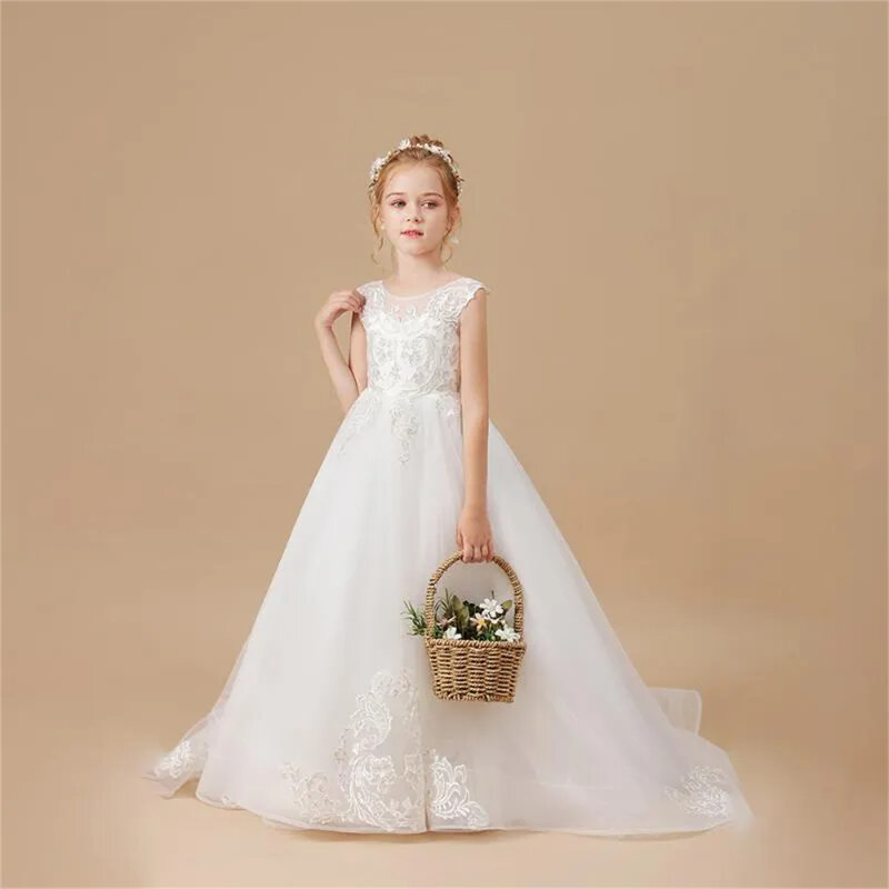 Vestido fofo branco para meninas, aplique de tule, flor de casamento, vestido de festa de aniversário comunhão infantil, primeiro presente princesa